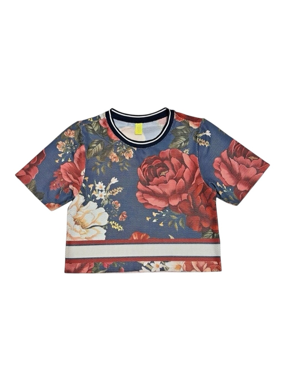FARM RIO Blue/Red Floral Rose Mesh Cropped Top Shirt Vibrant Colorful Bold (P) S